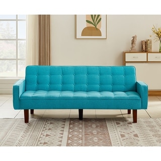 Linen Futon Sofa Bed with Square Arm and Solid Wood Legs, Multi-angle ...