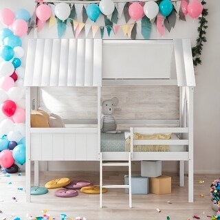 Modern Twin Size Low House Loft Bed With Two Side Windows,Sturdy Construction for Bedroom