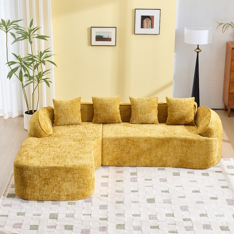 L-Shaped Sectional Sofa with Chaise Lounge, Chenille Upholstered 4 Seater Sofa, Compressed Sofa with Throw Pillows - Yellow