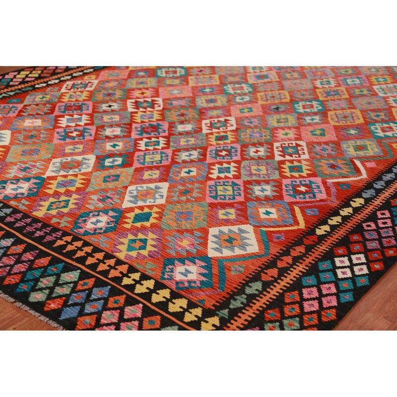 Kilim Oriental Area Rug Flatweave Orange Reversible Wool Carpet - 9'9"x 13'0"
