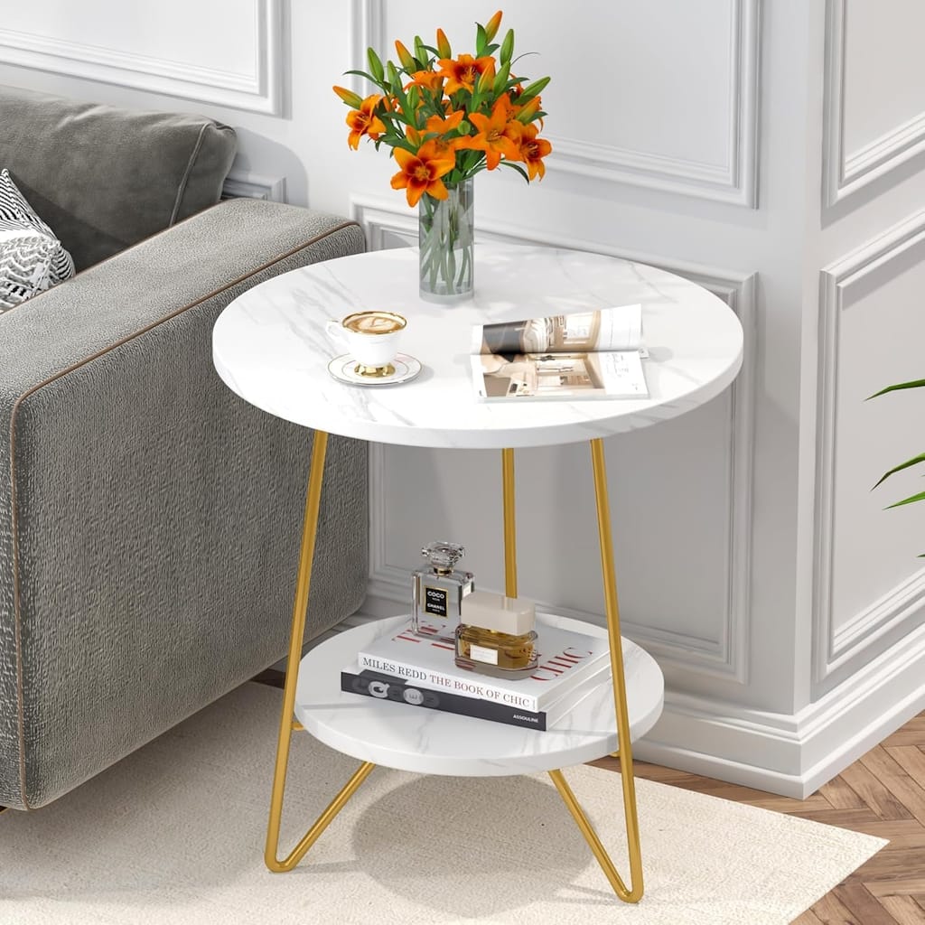 18.7" Round Faux Marble End Table