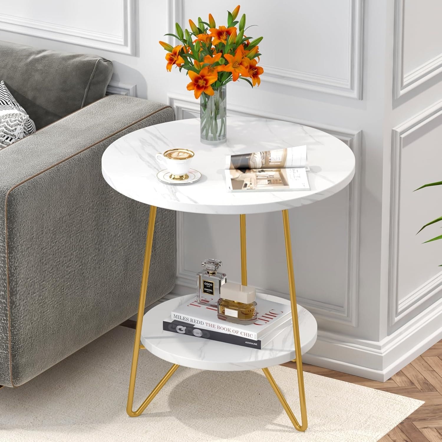 18.7-Inch Round Faux Marble End Table With 2-Tier Design