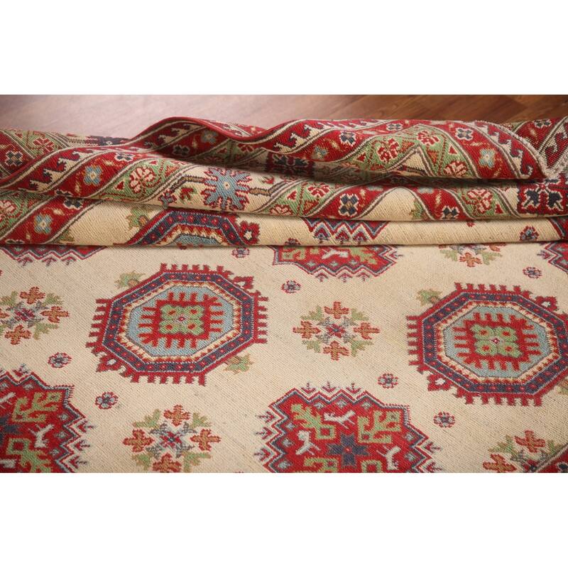 Beige Kazak Area Rug Hand-Knotted Geometric Wool Carpet - 6'6" x 9'2"