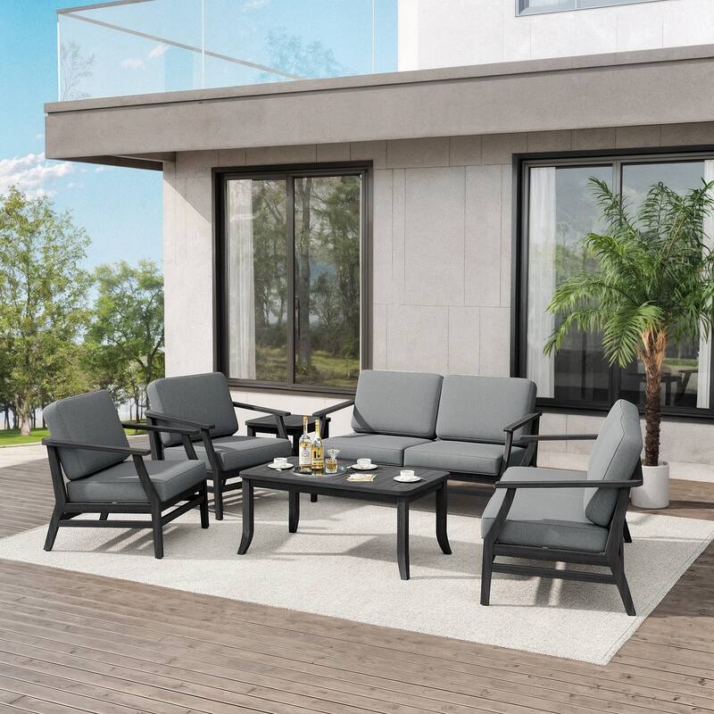 Teak Outdoor Patio Conversation Set with Cushions and Tables (6-Piece)