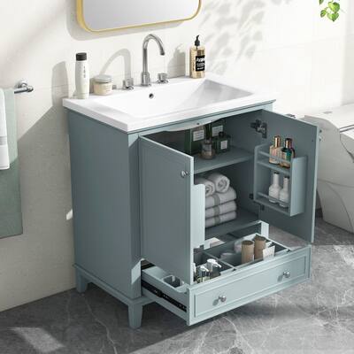 30 inch Single Bathroom Vanity with/without Ceramic Sink, Bathroom Storage Cabinet Set with Doors and Drawer, Solid Wood Frame