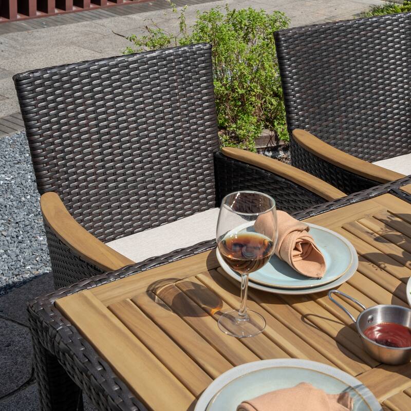 Acacia Wood Wicker Patio Dining Set with Cushions, Black