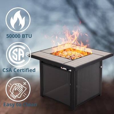 32 INCH Fire Pit Table, Propane Firepit Outdoor Gas Fire Pits Clearance, 50,000 BTU with Ceramic Tile Tabletop, Lid, Lava Rocks