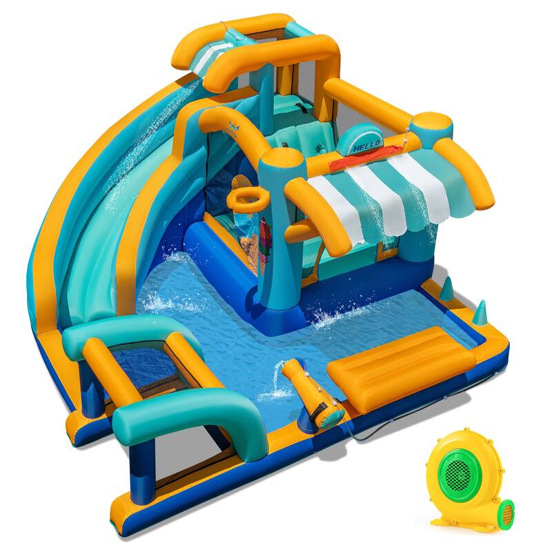 Large Inflatable Bounce House with Ice Cream Shop Water Slide Climbing Wall and Tossing Games for Kids - 149” x 144” x 80”