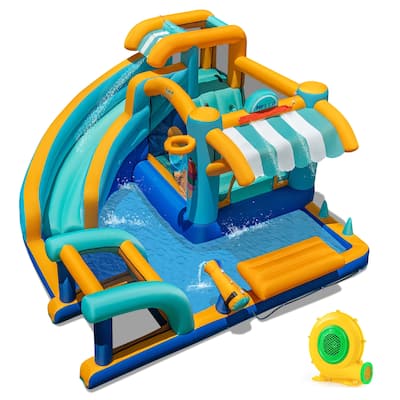 Large Inflatable Bounce House with Ice Cream Shop Water Slide Climbing Wall and Tossing Games for Kids - 149” x 144” x 80”