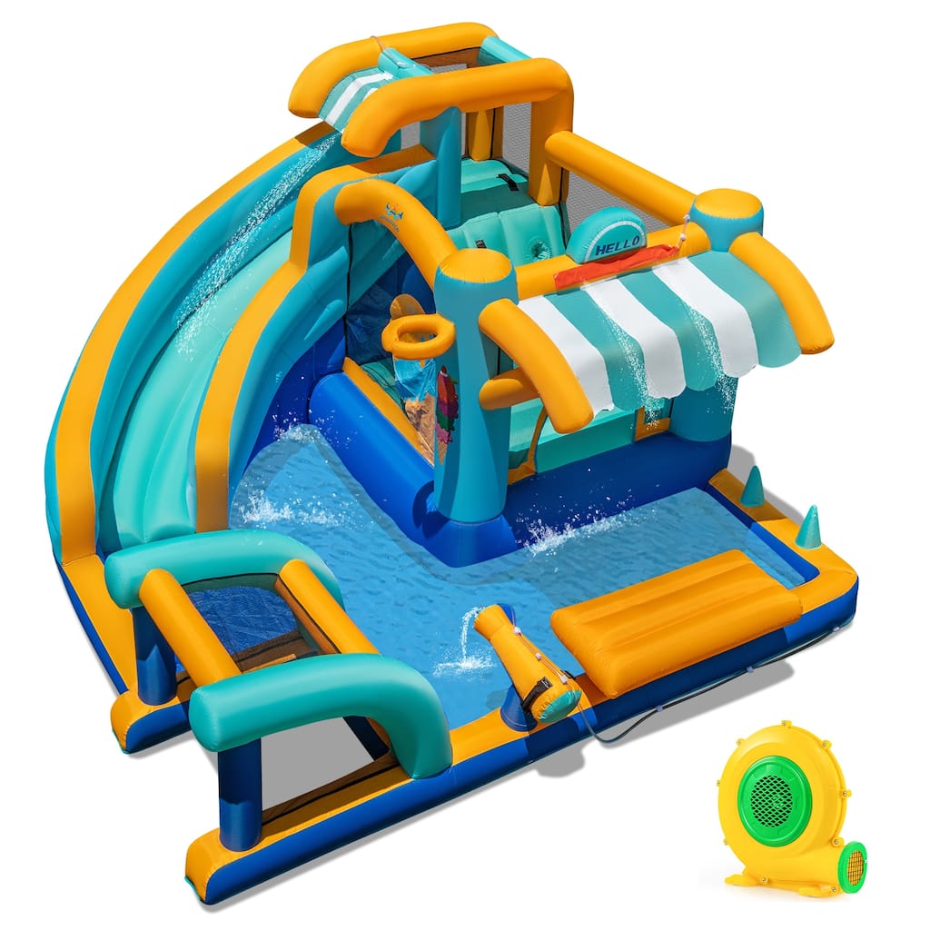 Large Inflatable Bounce House with Ice Cream Shop Water Slide Climbing Wall and Tossing Games for Kids - 149” x 144” x 80”