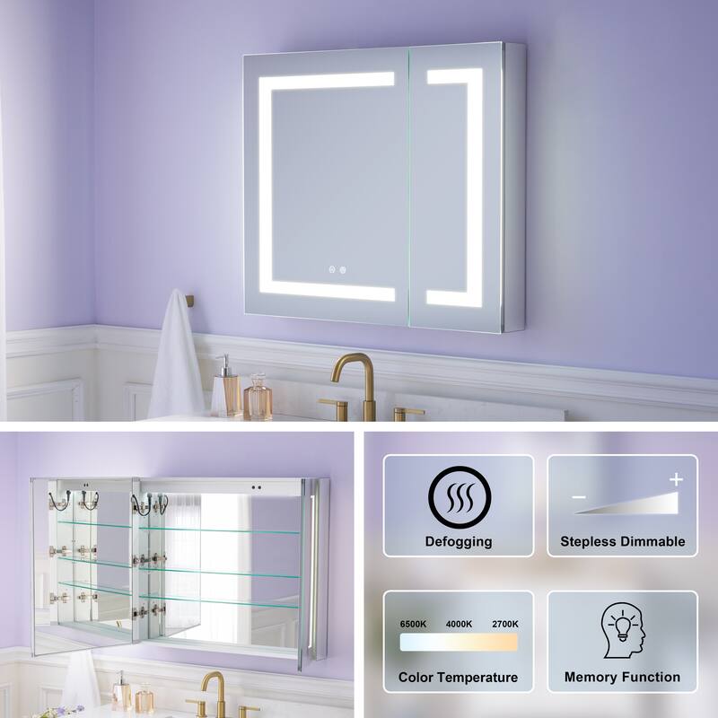30" H Recessed or Surface LED Mirror Cabinet with Adjustable Glass Shelves,Defogger, Dimmer And Outlets & USB Ports