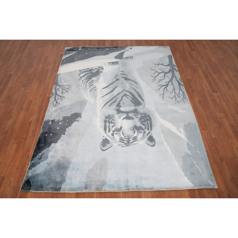 Hand Knotted Oriental Viscose Silk Carpet Modern Animal Pictorial Greys & Charcoal Abstract Area Rug - 7' 10'' X 5' 10''