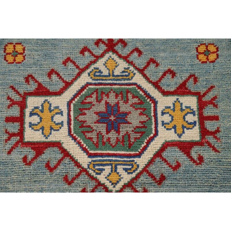 Light Blue Kazak Oriental Runner Rug Hand-Knotted Wool Carpet - 2'11" x 13'9"