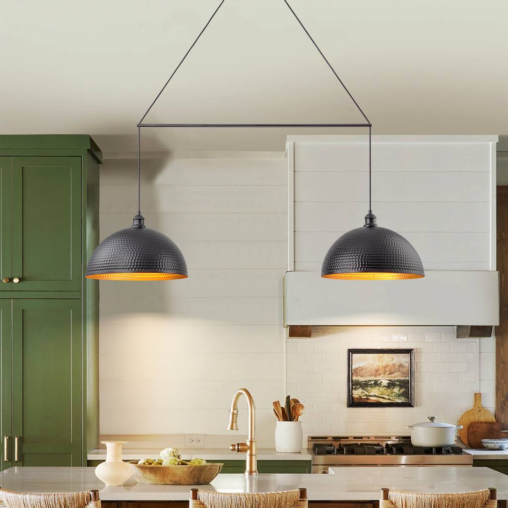 2-Light Modern Industrial Matte Black Linear Dome Hammered Large Pendant Light for Kitchen Island - 54.3 in. W x 11.4 in. H