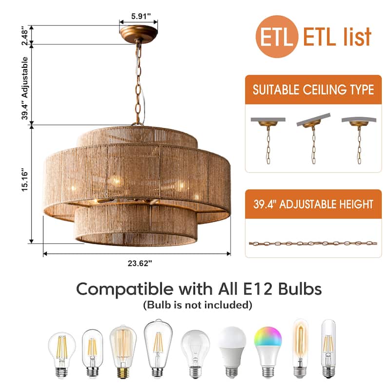 Bohemian Brown Hemp Rope Tiered Drum Chandelier Light - 23.62" W x 15.16" H
