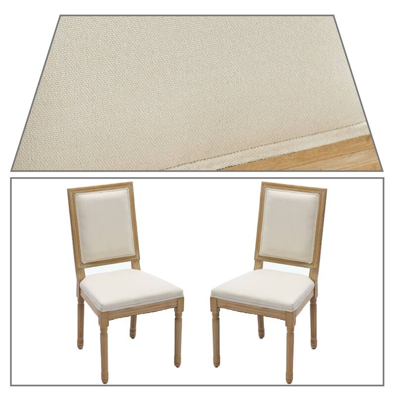 Elegant French Style Set of Two Linen Upholstered Dining Chairs with Solid Rubberwood Frame Legs