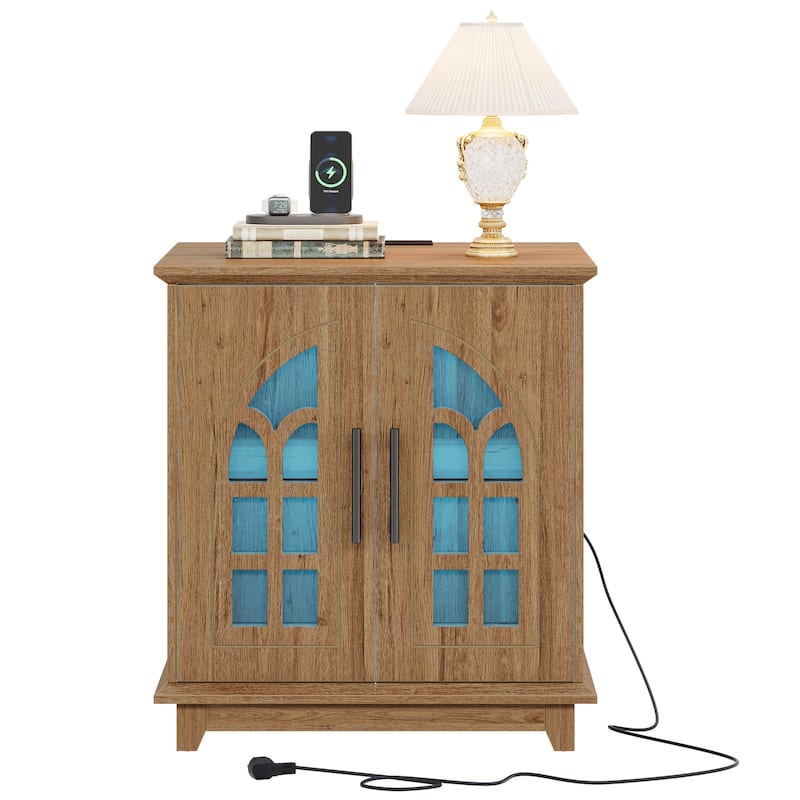 Nightstand with Charging Station, Wooden Bedside Table with LED Light
