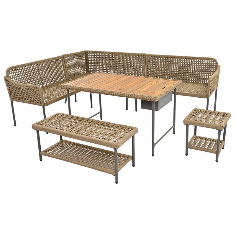 L-shape Outdoor Sectional Sofa Set 6-Piece Rope Patio Furniture Couch with Storage Coffee Table, Stools and Bench