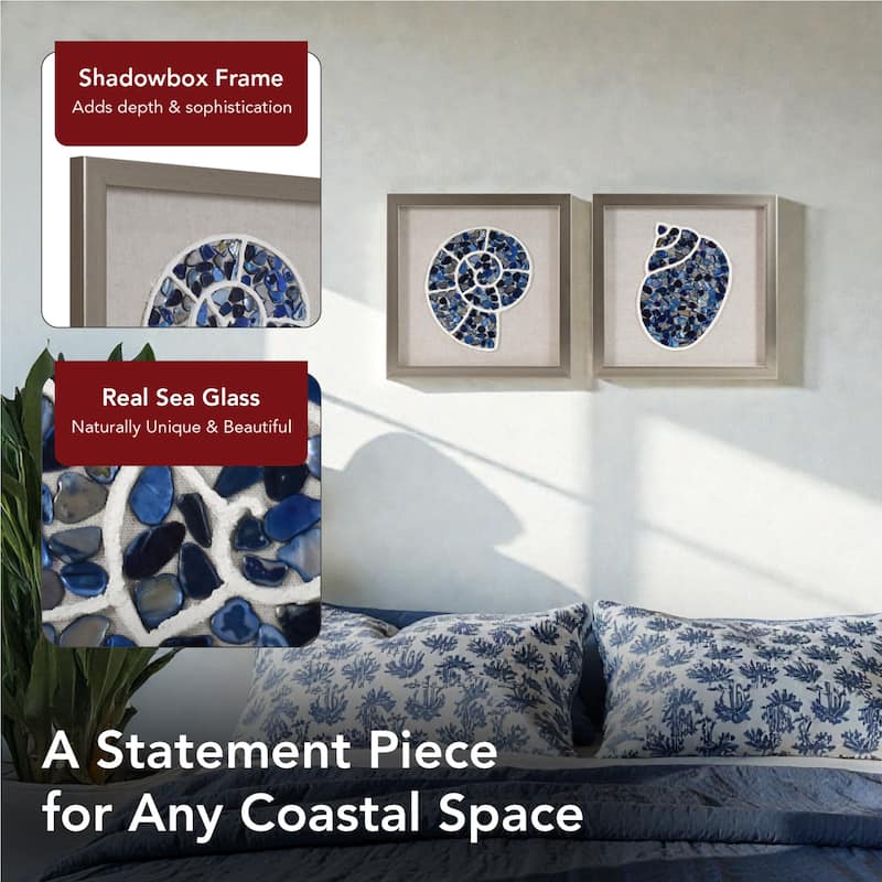 American Art Decor 2-Piece Coastal Seashell & Sea Glass Shadowbox Framed Wall Art Set