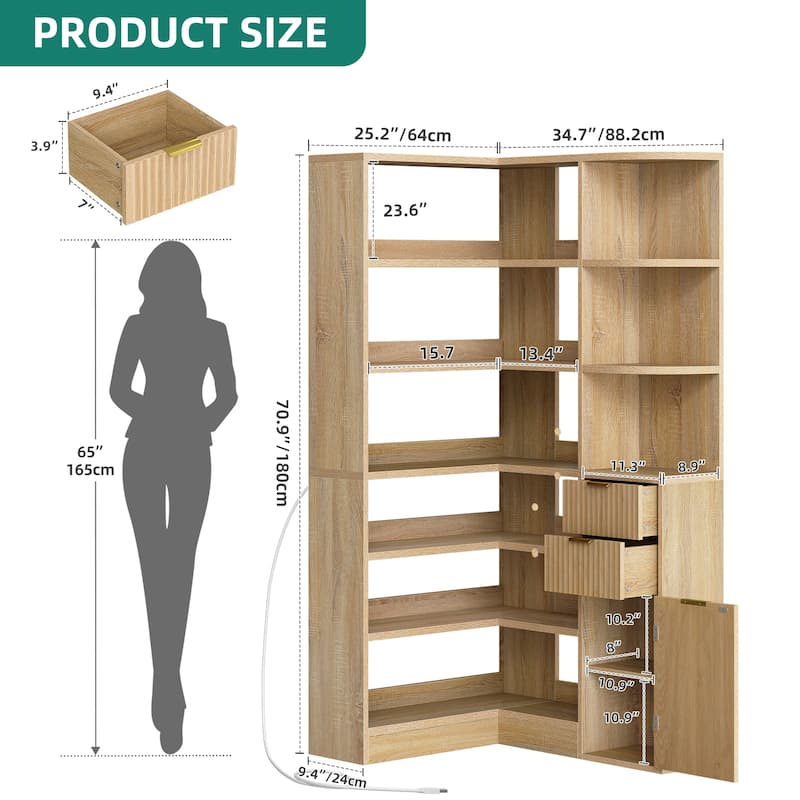 Moasis Modern 6-Tier Corner Bookshelf, 70.9 Inch Industrial Bookcase with Drawers