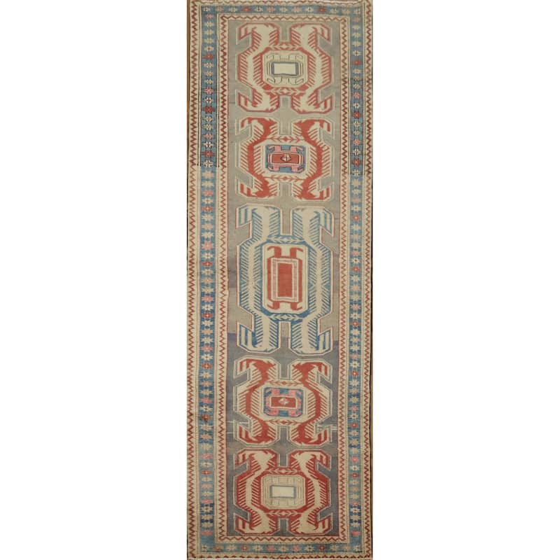 Hand Knotted Oriental 100% Wool Carpet Traditional Tribal Greys & Charcoal Meshkin Runner Rug - 10' 1'' X 3' 4''