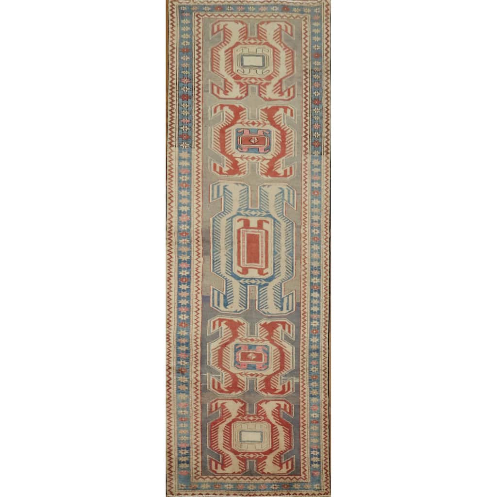 Hand Knotted Oriental 100% Wool Carpet Traditional Tribal Greys & Charcoal Meshkin Runner Rug - 10' 1'' X 3' 4''