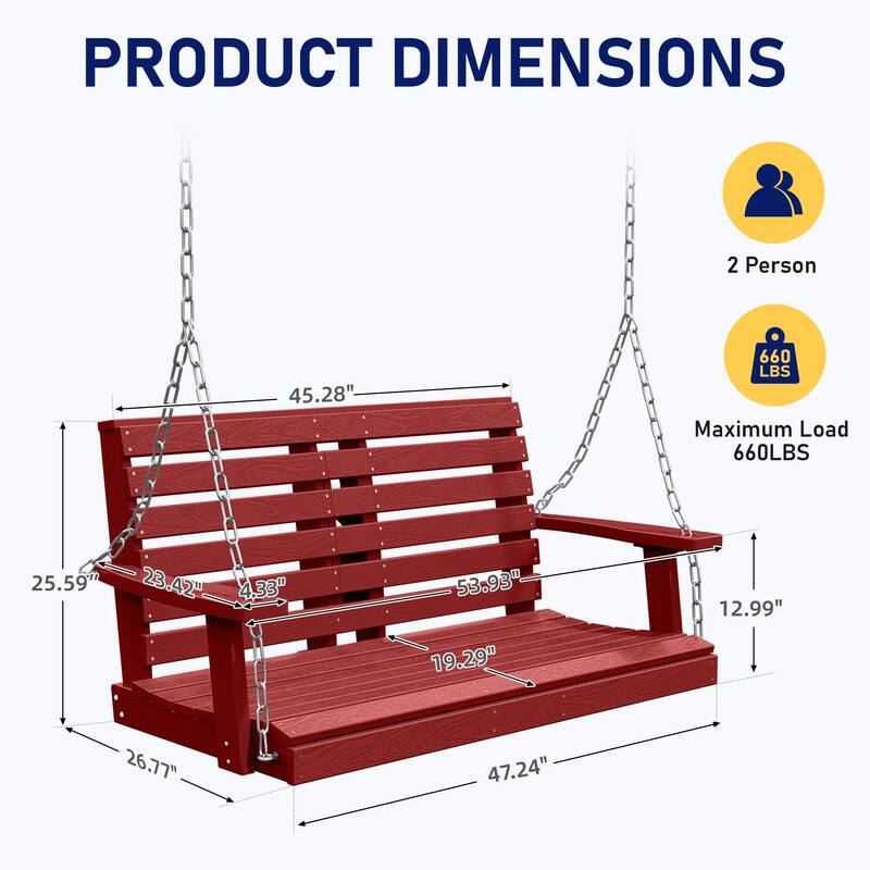 HDPE Plastic Outdoor Porch Swing 2-Person With Chains