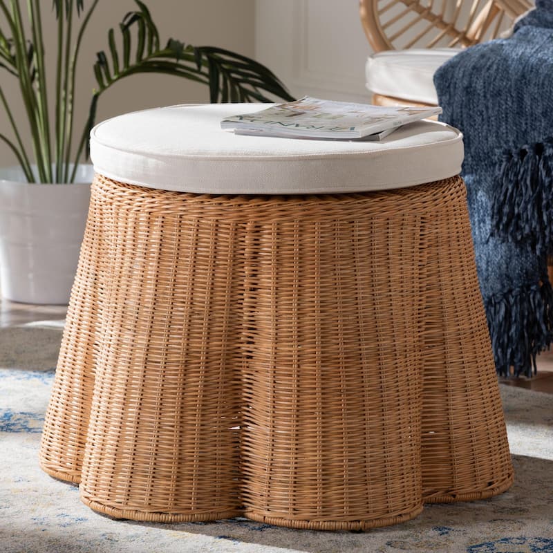 Palm Scallop Natural Rattan Ottoman with Cushion - Handwoven Wicker Stool or Footrest for Living Room or Bedroom, Coastal Boho