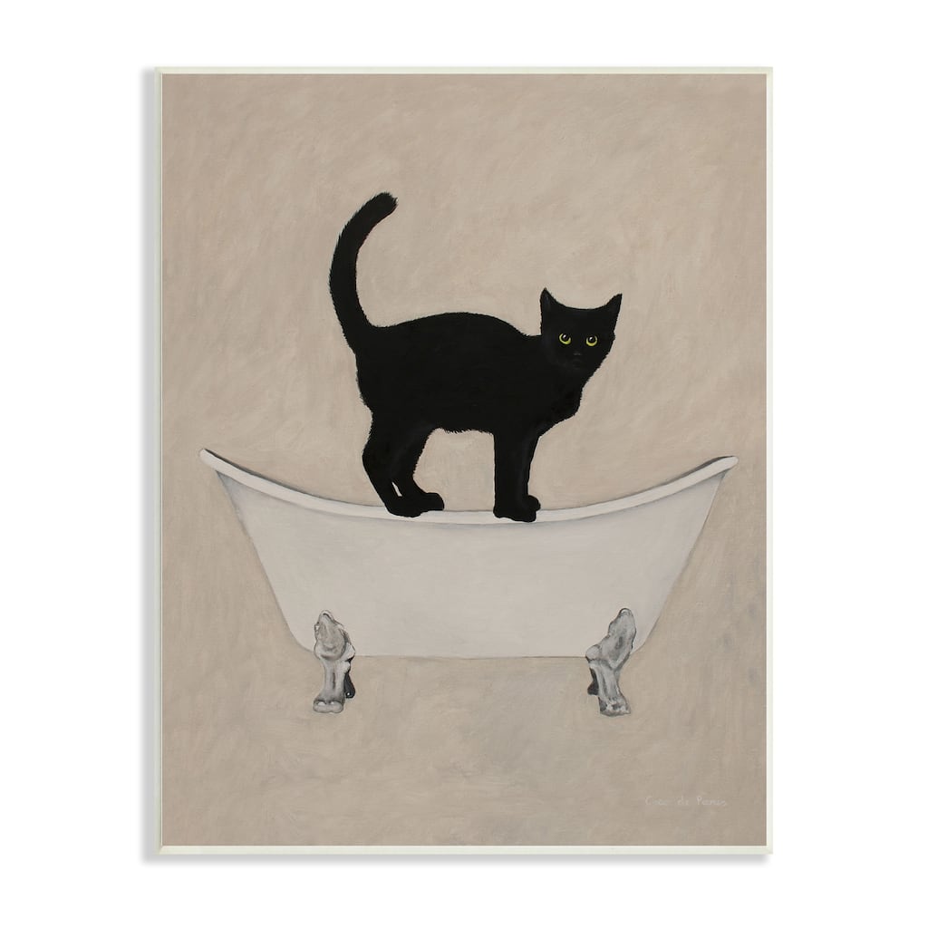 Stupell Black Cat Simple Claw Foot Bathtub Bathroom Painting Wood Wall Art