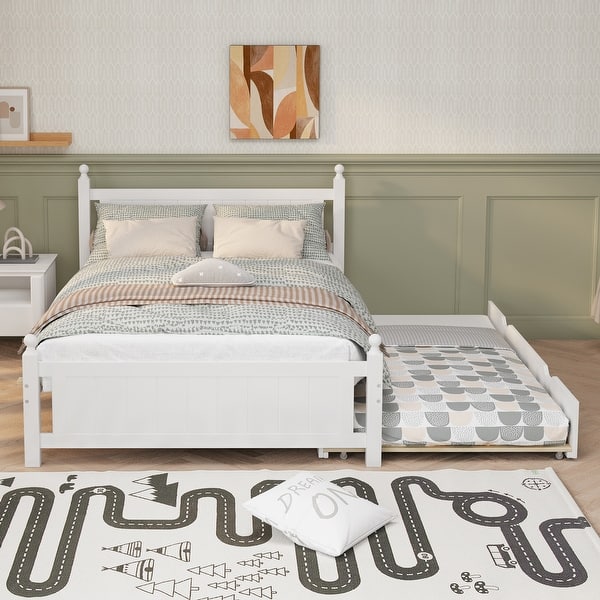 slide 2 of 8, White Full Size Platform Bed Frame with Pull-out Trundle White with Trundle - Full