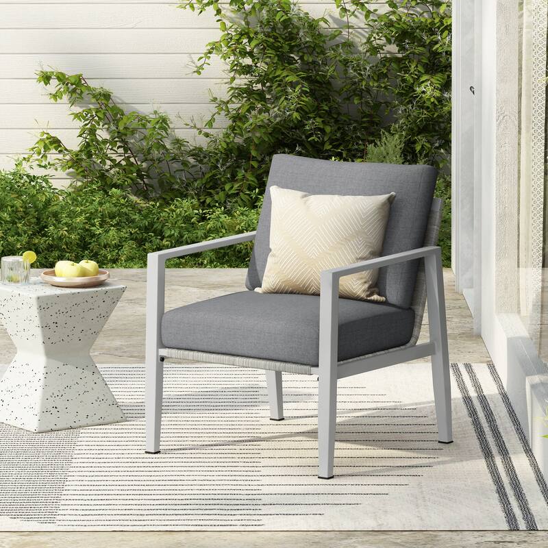 Silver Aluminum Lounge Chair with Sleek Rope Accents and Comfortable Cushions, Perfect for Modern Outdoor and Indoor Spaces - Gray,Silver+White