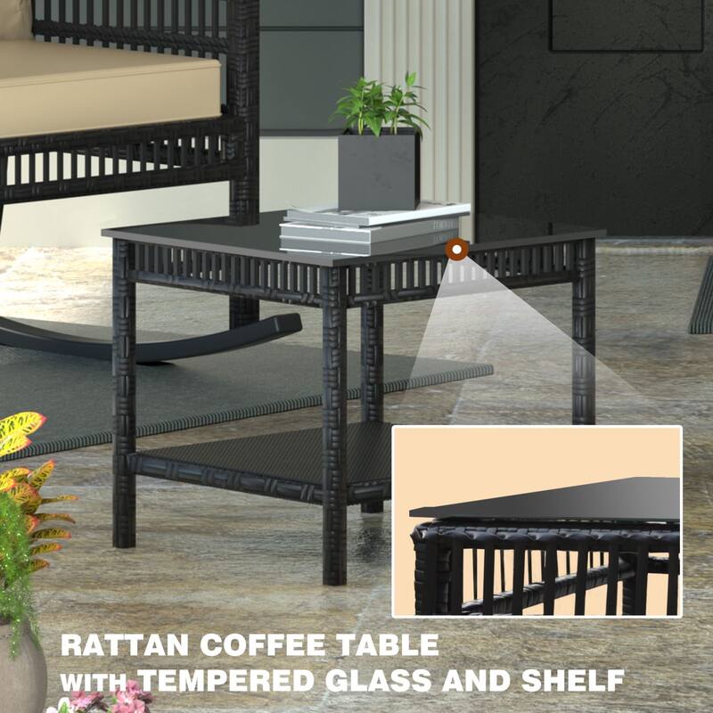 VEIKOUS 3-Piece Outdoor Wicker Patio Porch Rocking Chair and Rattan Coffee Table Set with Cushions and Pillows