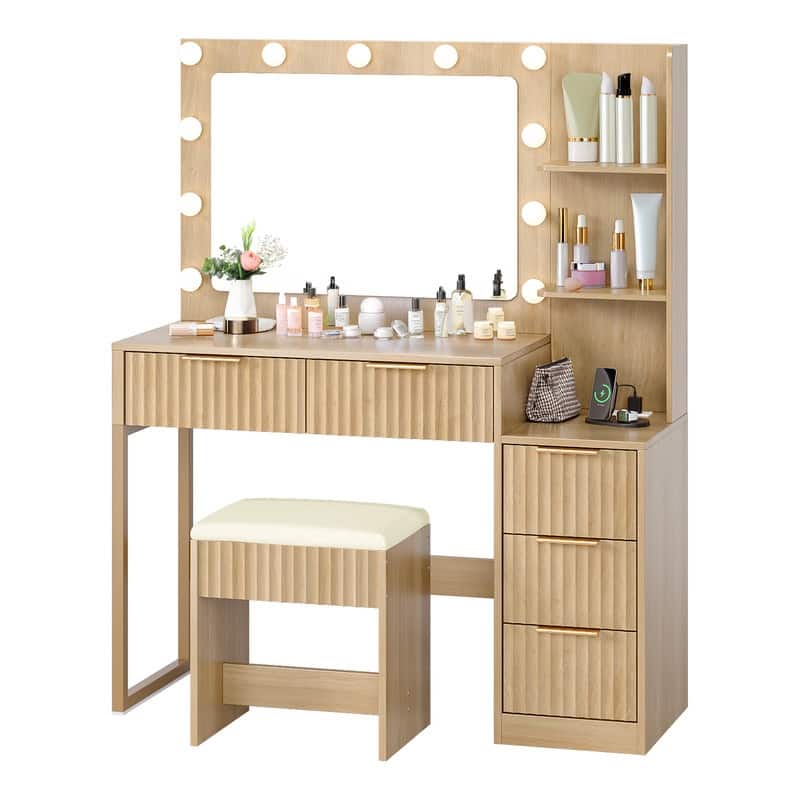 Particle Board Veneered with Textured Melamine, 5-drawer 2-Shelf, comes with 11 Three-color Dimmable Bulbs, Dressing Table Set