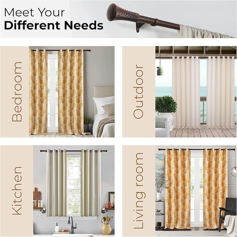 Extendable Curtain Rod for Door & Windows Adjustable Heavy Duty Iron Drapery Pole with Wood Taper Finials (19mm Dia, Brown)