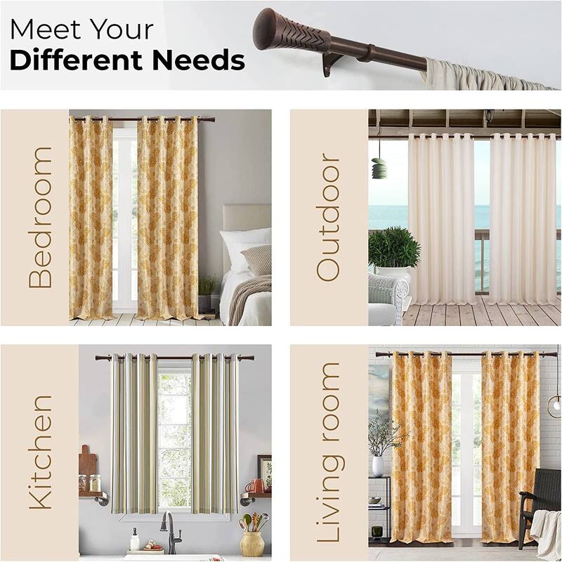 Extendable Curtain Rod for Door & Windows Adjustable Heavy Duty Iron Drapery Pole with Wood