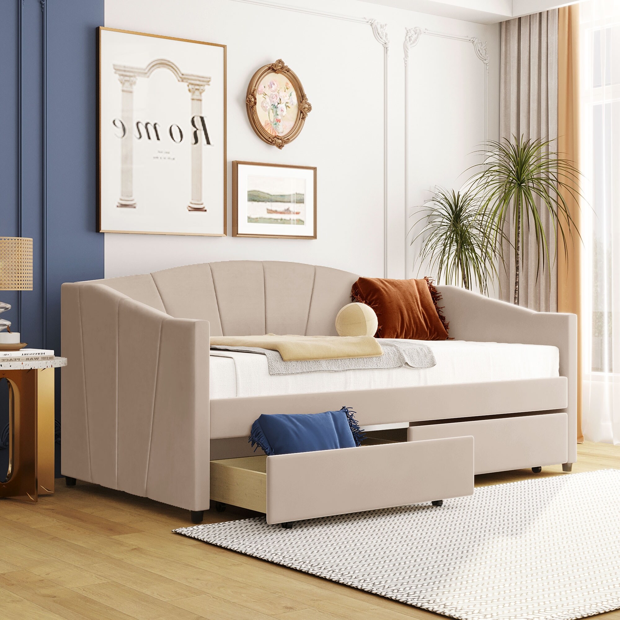 Twin Size Daybed with Storage Velvet Upholstered Daybed Sofa Bed with 2 Drawers and Wood Slat Support No Box Spring Needed Bed Bath Beyond 38053843