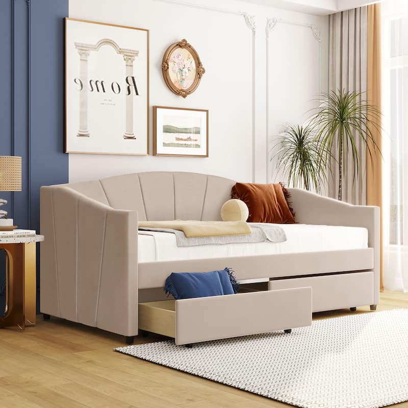 Twin Velvet Daybed with Drawers & Wood Slats - Beige