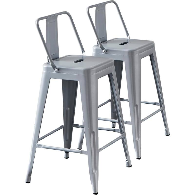 Industrial Metal Bar Stools Set of 2 Bucket Back 4 Leg Design 24in Seat Distressed