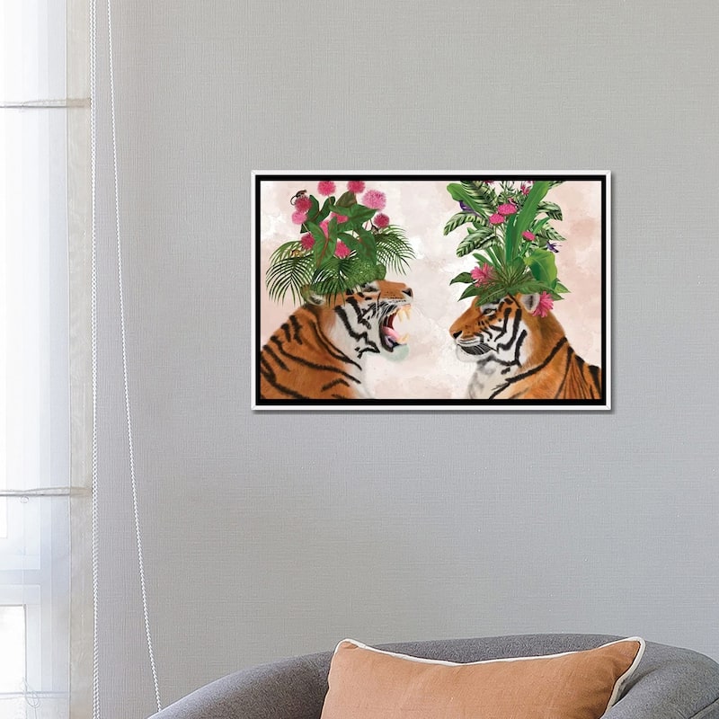 iCanvas "Hot House Tigers, Pair, Pink Green" by Fab Funky Framed Canvas Print