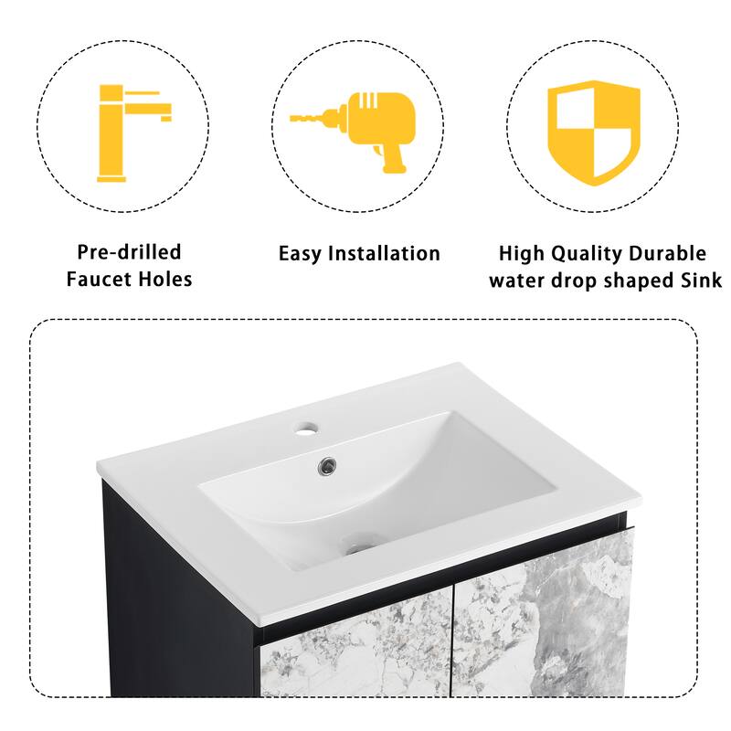 24" Wall-Mounted Bathroom Vanity with Ceramic Sink and Soft-Close Doors, Side Cabinet for Extra Storage