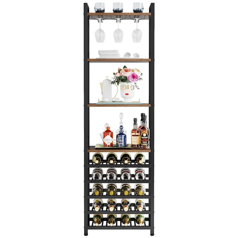 9Tier Freestanding Wine Rack, 20 Bottle Wine Bakers Rack with Glass Holder for Home, Rustic