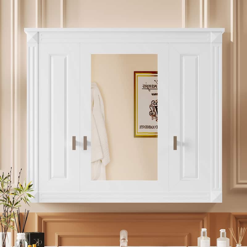 Bathroom Wall Cabinet with Mirror, Wall Mounted Medicine Cabinet with 4 Shelves, Mirrored Door Over Toilet Storage Cabinet - White