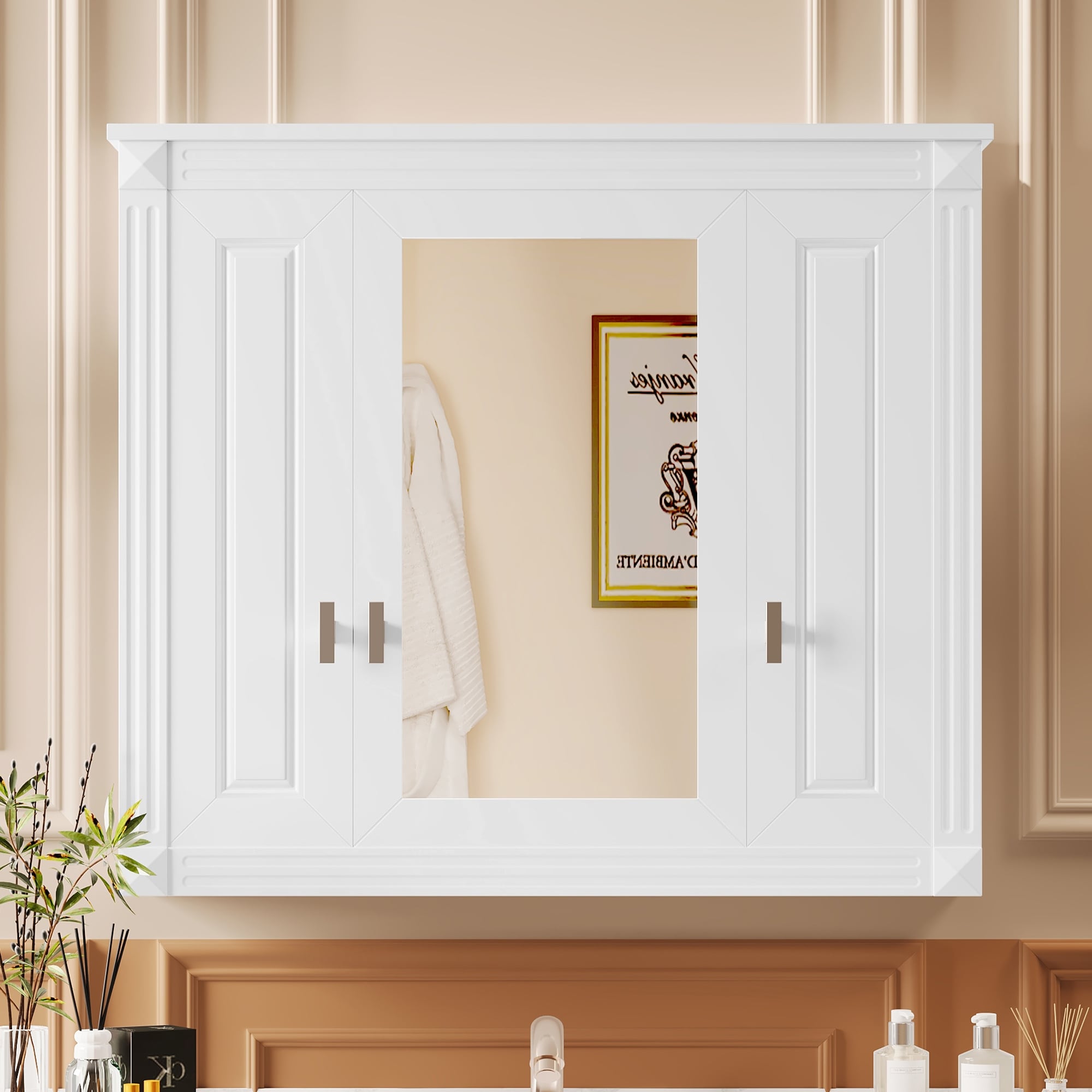 Roomfitters Wall Cabinet with Mirror, Medicine Cabinet with 4 Shelves, Mirrored Door Over Toilet Storage Unit, White