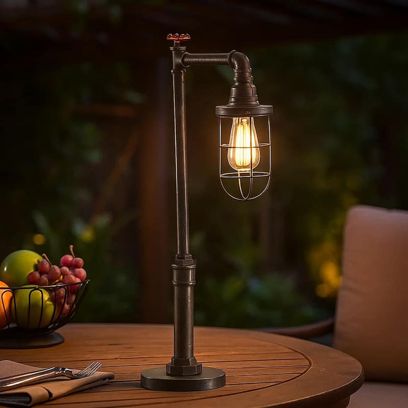 29 Inch Table Lamp, Dome Shade, Industrial Pipe Design, Rustic Bronze