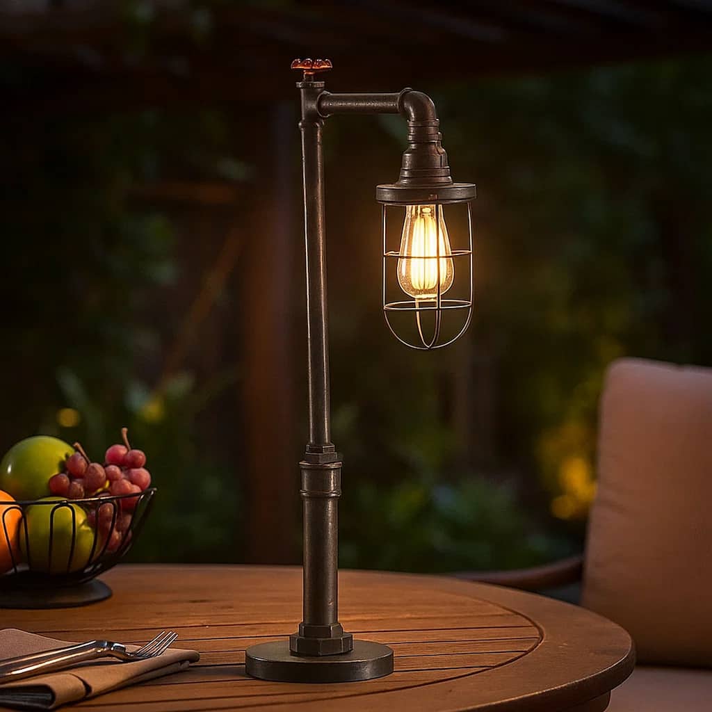 29 Inch Table Lamp, Dome Shade, Industrial Pipe Design, Rustic Bronze