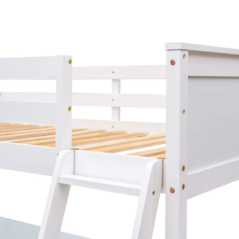 Solid Pinewood Twin Size Loft Bed with Full Length Guardrail, Wooden High Loftbed Frame with Storage Shelves and Built In Desk
