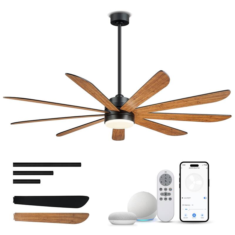 72 Inch 24W Led Ceiling Fans with Lights, 9-Blades, Remote Control and App and Alexa Google Voice Control - Matte Black and Dark Walnut
