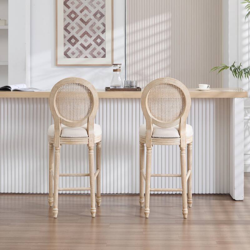 Set of 2 French Country Dining Chairs, Upholstered with Natural Rattan Round Back