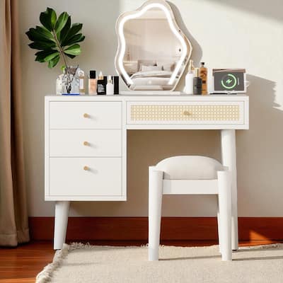 Wooden Makeup Vanity Desk with Stool, Rattan Drawer, 39" Boho Style Dressing Table with Charging Plug & USB Port