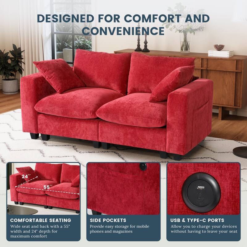 Lucca Chenille Upholstered Modular Loveseat with USB Port